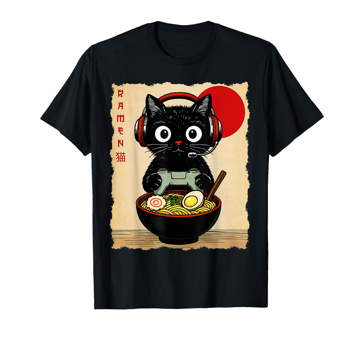 Cat Gaming Eating Ramen Anime Japanese Men Women Kids T-Shirt