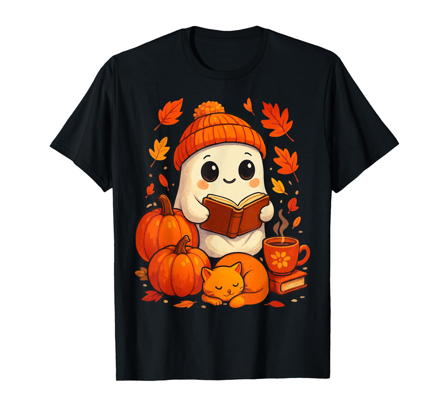 Cute Ghost Reading Book Autumn Pumpkins Cat Coffee Halloween T-Shirt