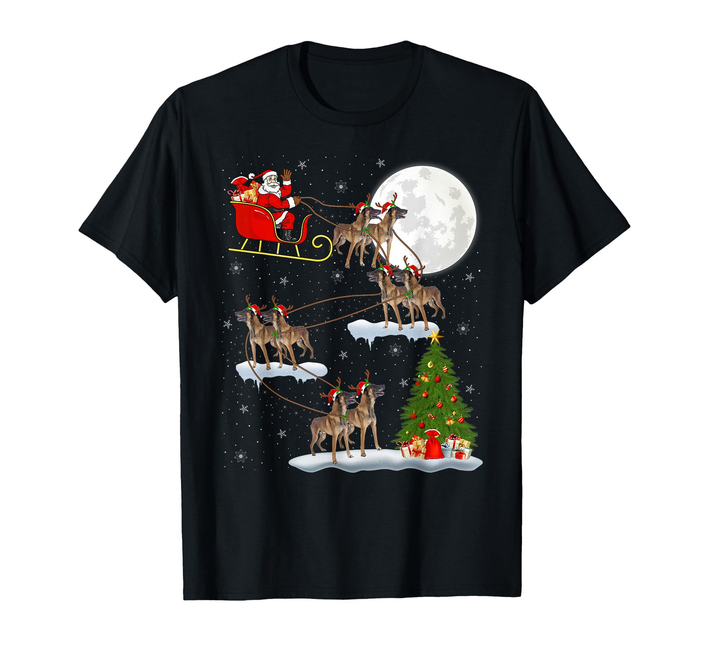 Belgian Malinois Dog Santa Sleigh Flying Funny Christmas T-Shirt