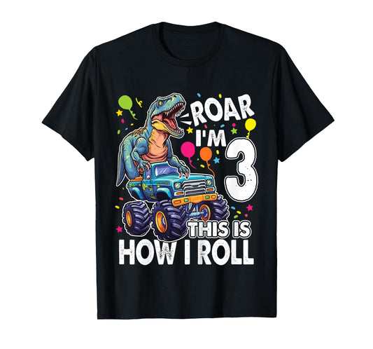 Kids Dinosaur Monster Truck 3rd Birthday Party Roar I'm 3 Boys T-Shirt