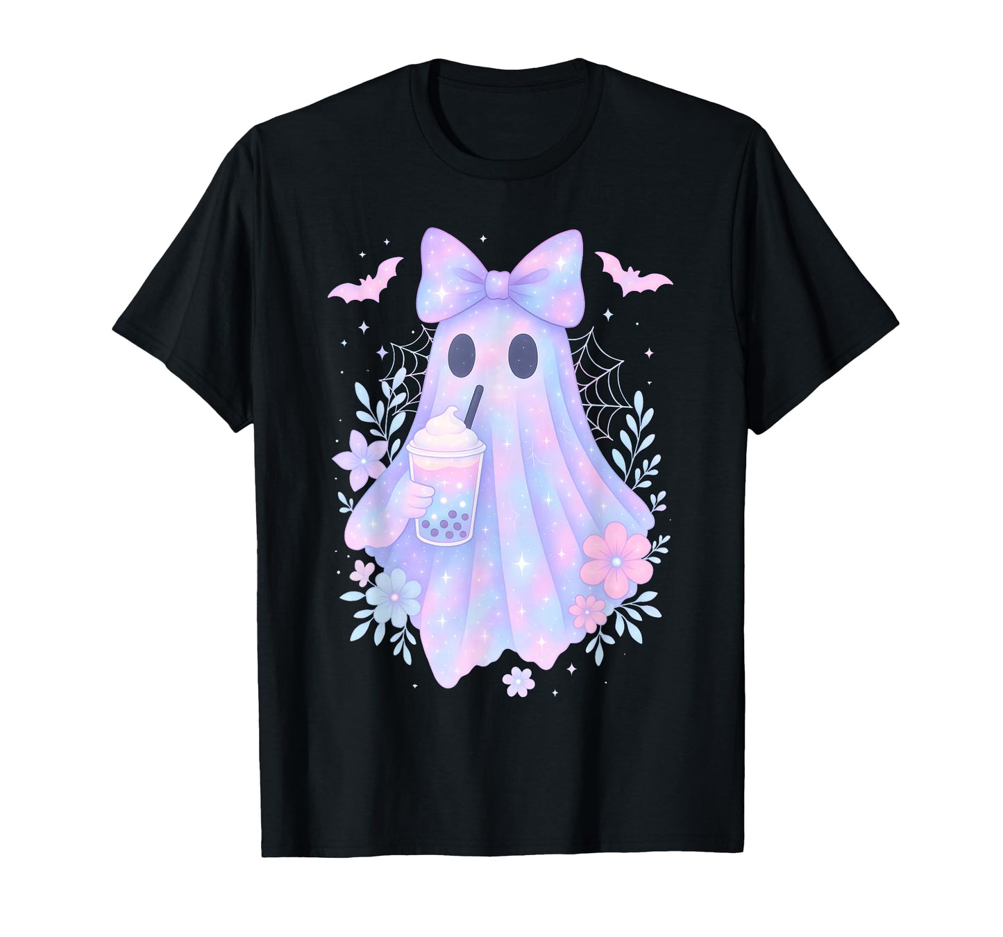 Kawaii Pastel Galaxy Ghost Bubble Tea Halloween Coquette Bow T-Shirt