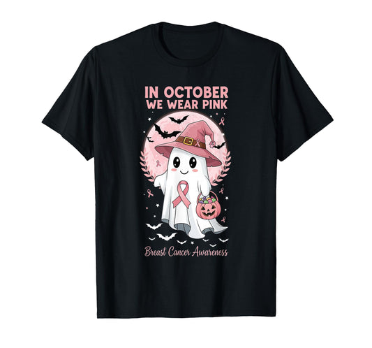 in October We Wear Pink Ghost Breast Cancer Awareness T-Shirt