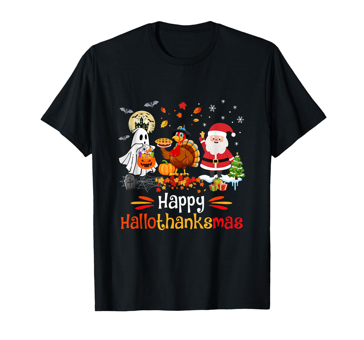 Happy Hallothanksmas Ghost Turkey Pumpkin Christmas Santa T-Shirt