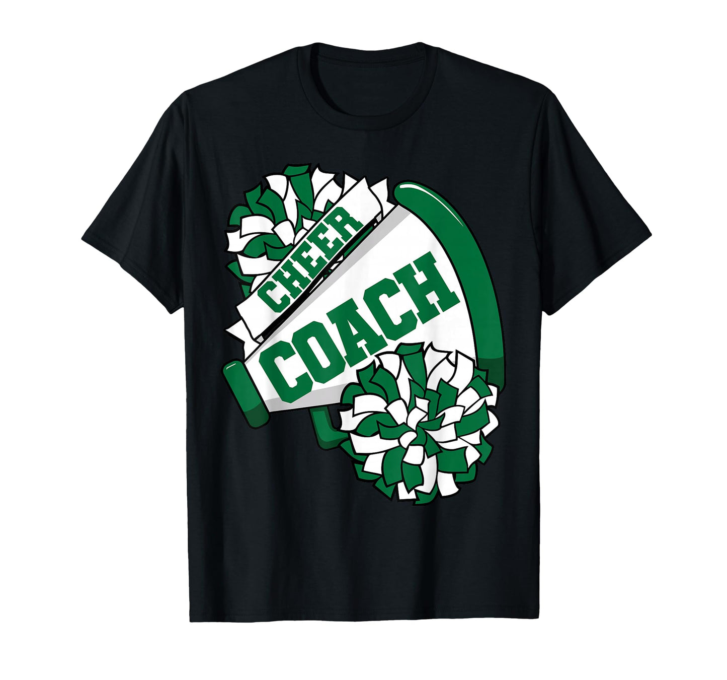 Cheer Coach with Megaphone and Pom Poms Green T-Shirt