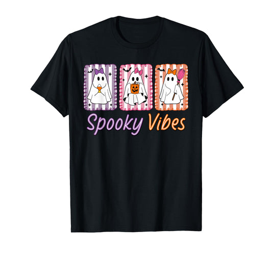 Preppy Spooky Vibes Cute Ghost Halloween Women Girls Kids T-Shirt