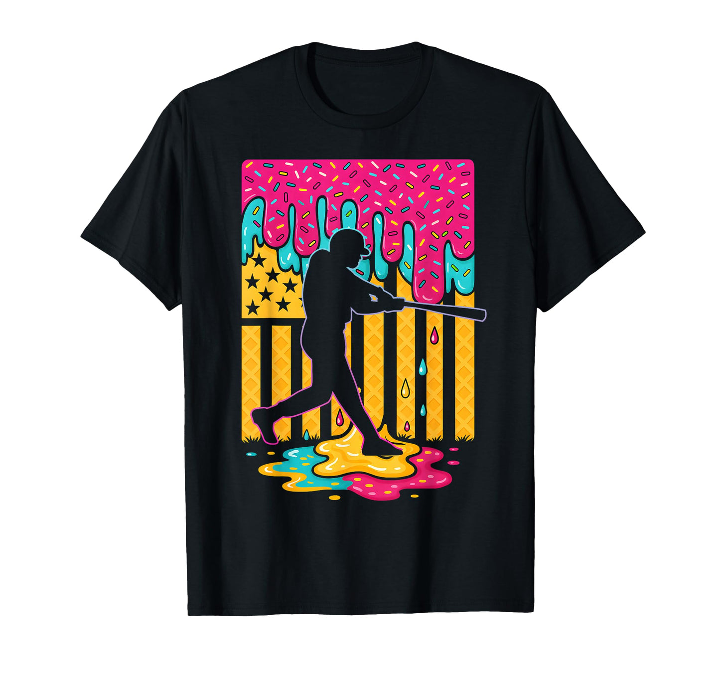 Baseball Ice Cream Drip Boys Girls American Flag Game Day T-Shirt