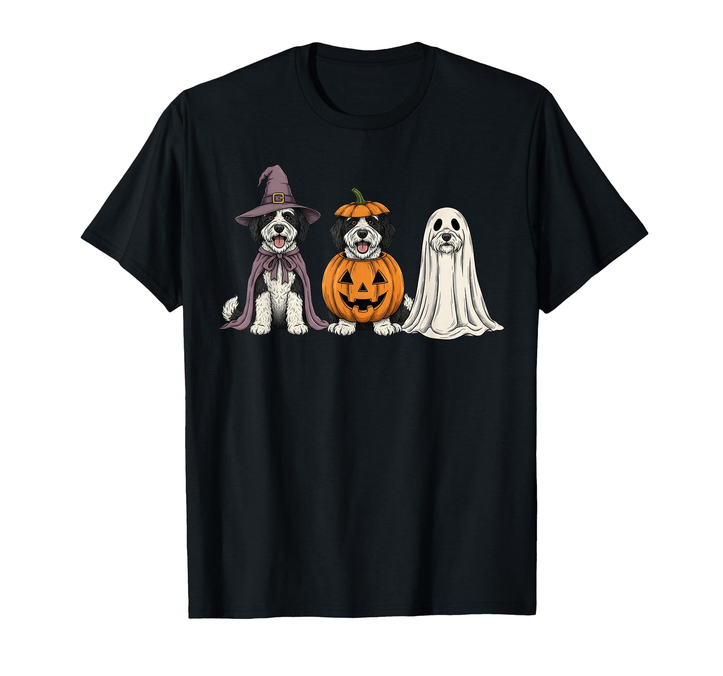 Spooky Ghost Sheepadoodle Pumpkin Halloween Doodle Dog Lover T-Shirt
