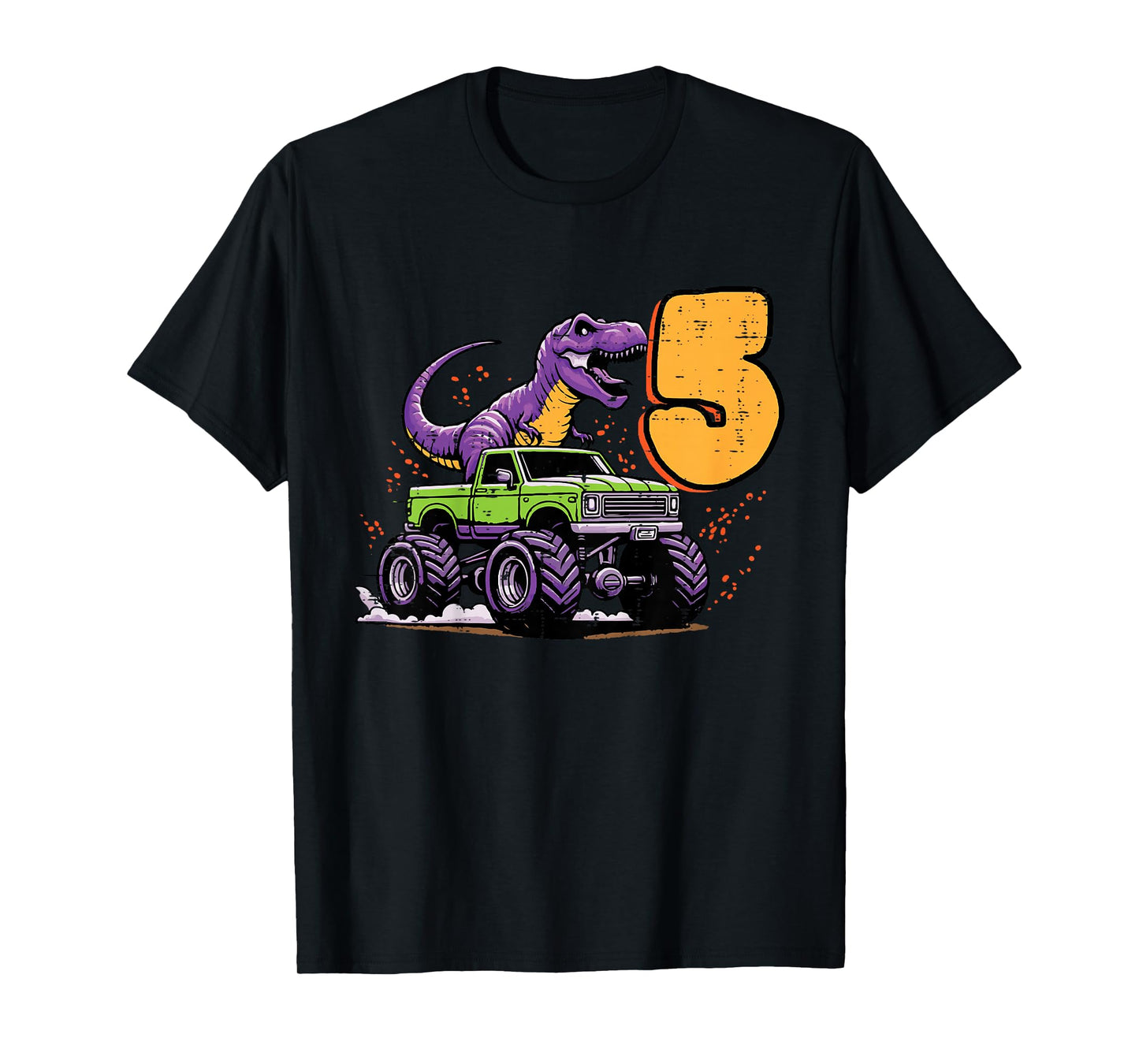 Kids 5th Birthday Dino On Monster Truck 5 Year Old Trex Boys Kids T-Shirt