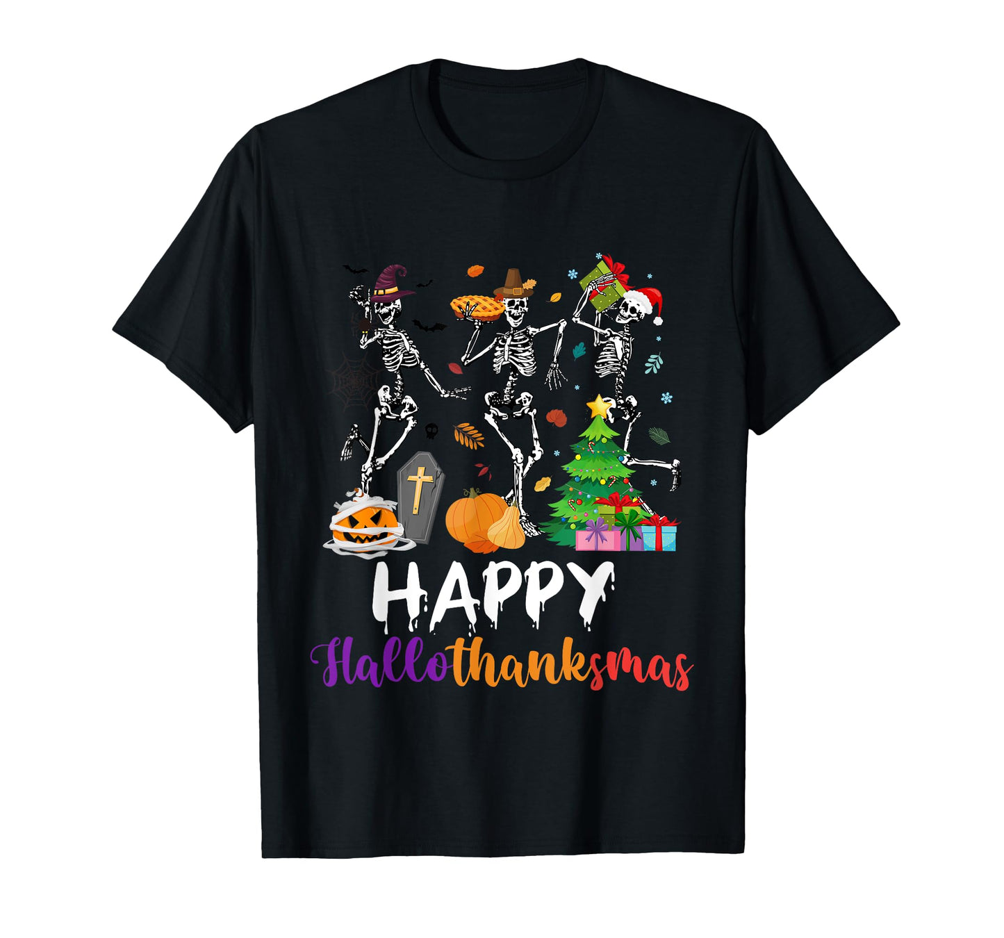 Happy Hallothanksmas Skeleton Pumpkin Turkey Santa Dancing T-Shirt