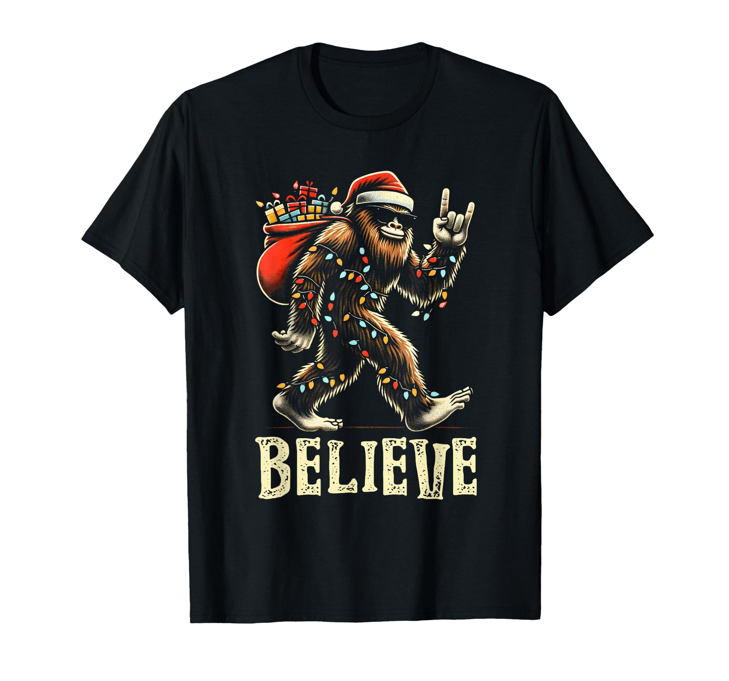 Believe Bigfoot Sasquatch Santa Reindeer Christmas Tree Xmas T-Shirt