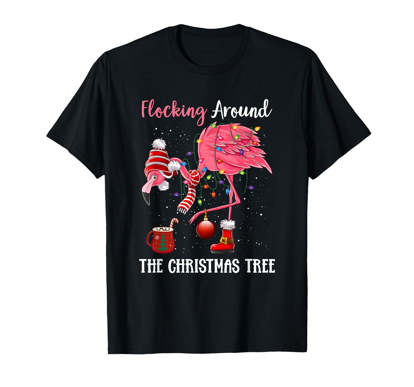 Flocking Around The Christmas Tree Xmas Pjs Pink Flamingo T-Shirt