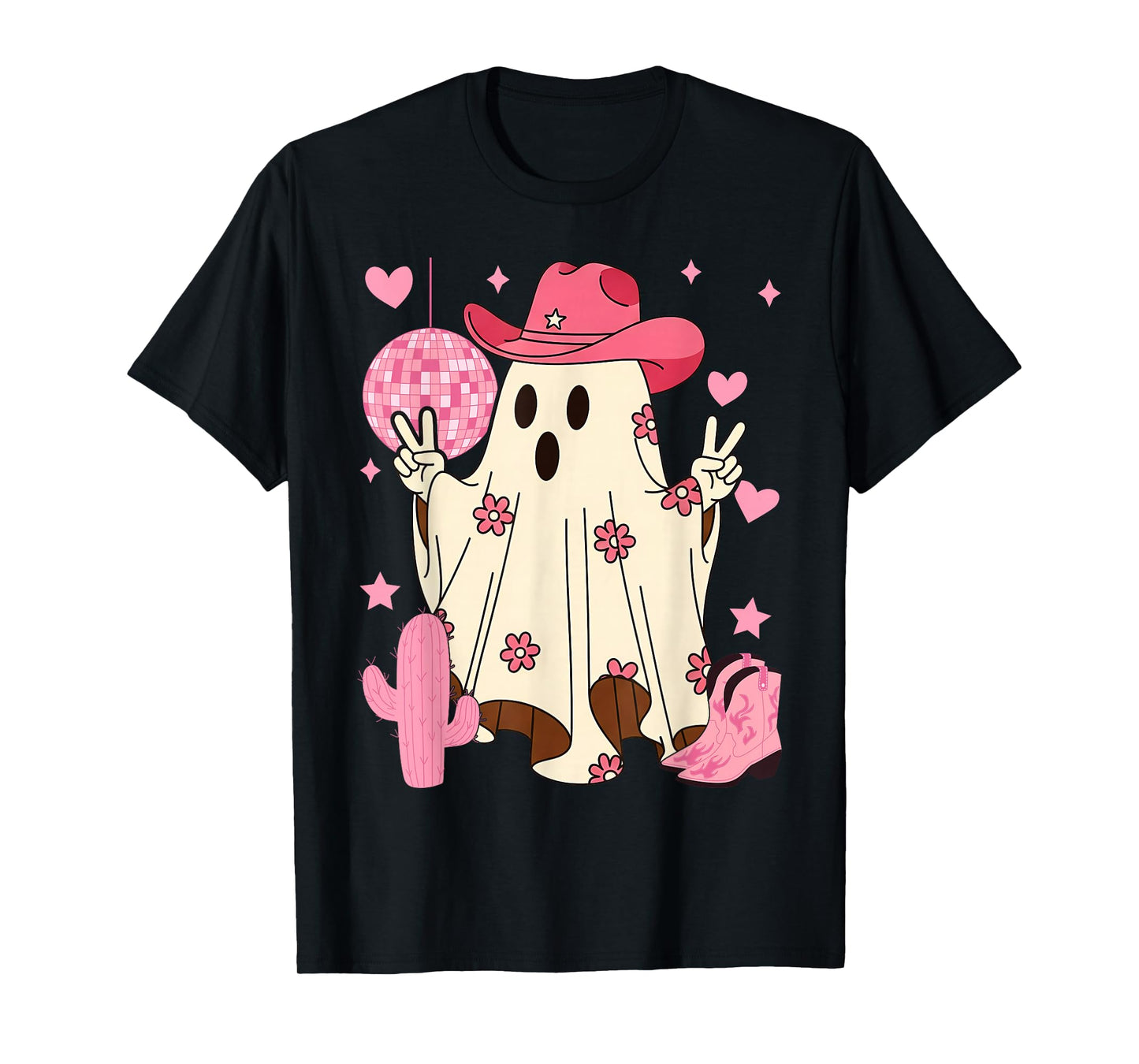 Retro Western Halloween Cowboy Cowgirl Ghost Boo Pink Floral T-Shirt