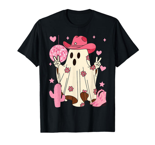 Retro Western Halloween Cowboy Cowgirl Ghost Boo Pink Floral T-Shirt