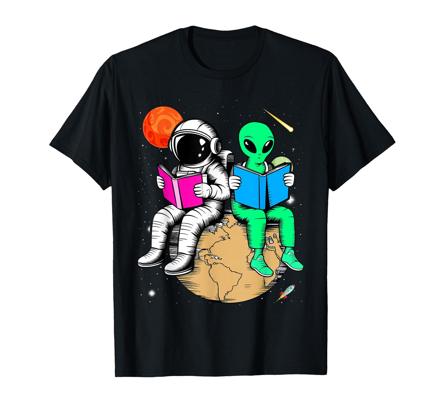 Astronaut Reading Book To Alien Moon Space Women Kids Men T-Shirt