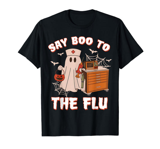 Retro Nurse Ghost Halloween-Vaccine Say Boo to The Flu T-Shirt