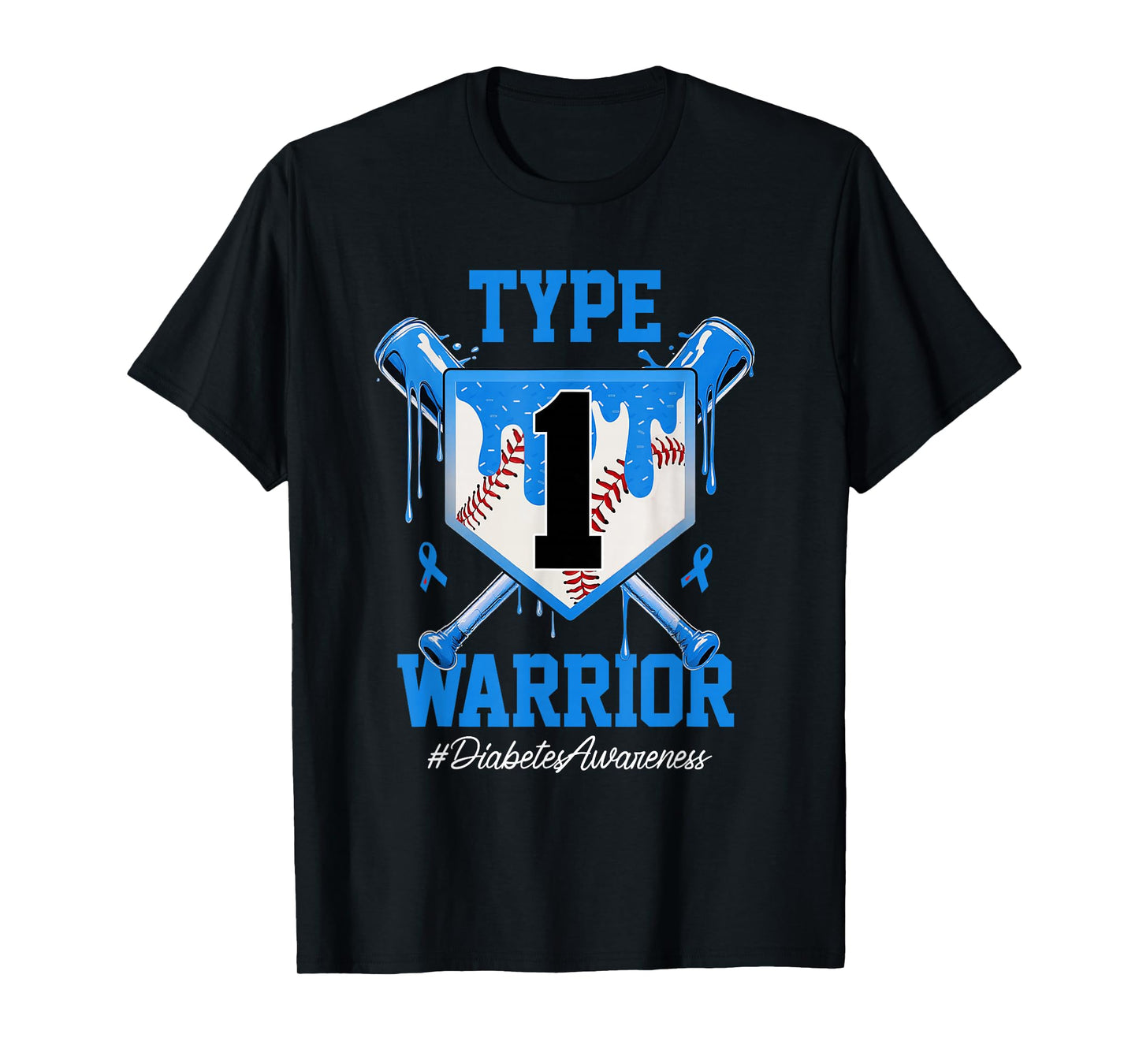 T1D Warrior Baseball Drip Diabetes Awareness Blue Ribbon T-Shirt
