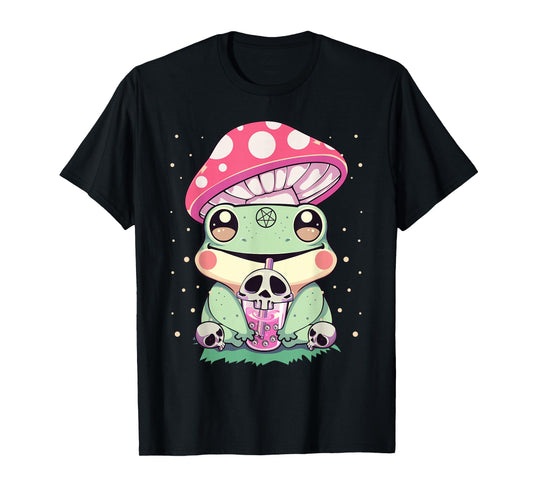 Pastel Goth Kawaii Frog Boba Tea and Mushroom Frog T-Shirt