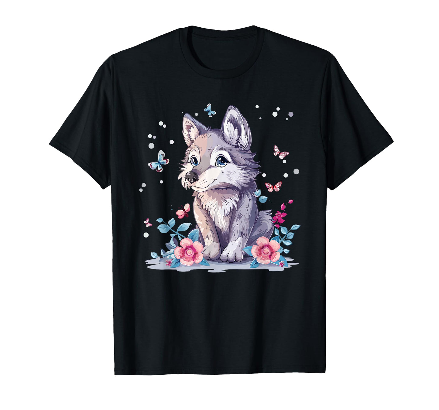 Cute Wolf With Flowers I Kids Wolf T-Shirt