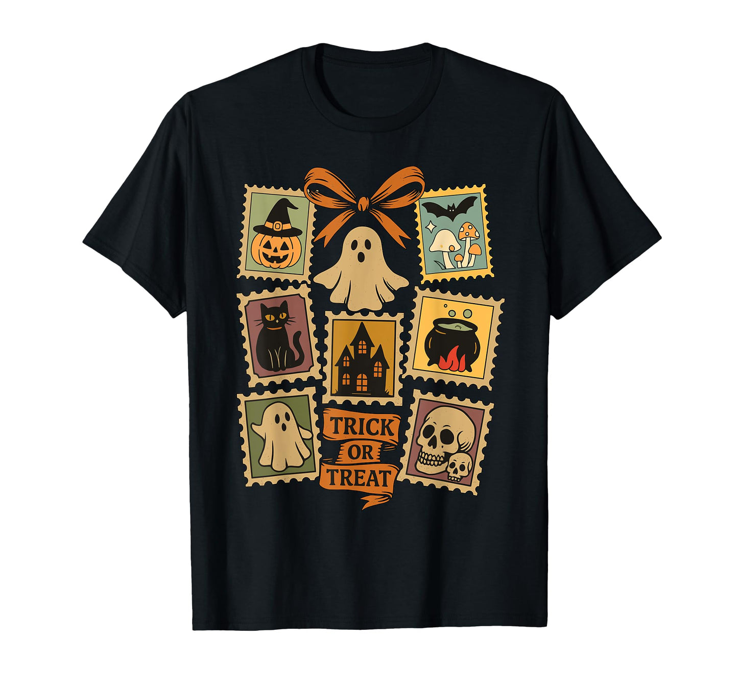 Retro Halloween Stamp Icons Funny Halloween Stamp Cat Ghost T-Shirt