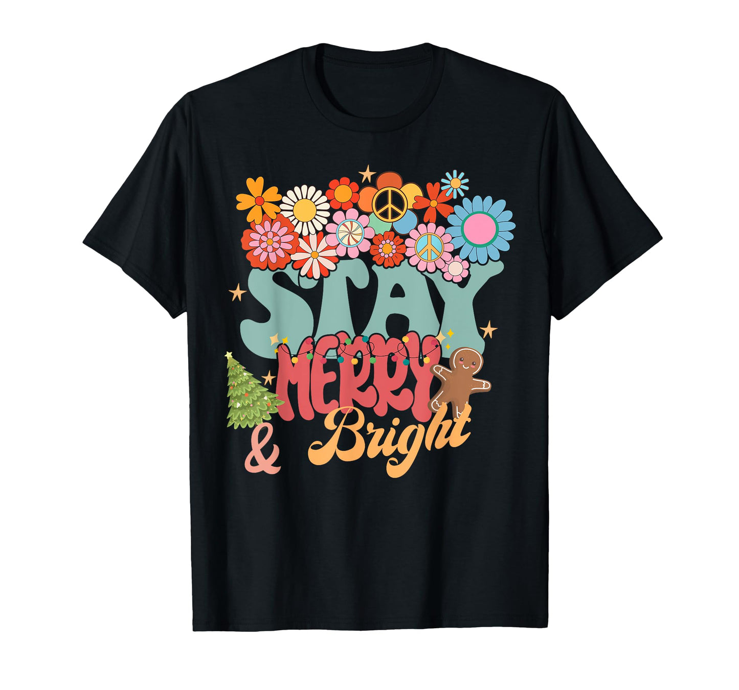 Retro Groovy Peace Stay Christmas Merry Bright Hippie Santa T-Shirt