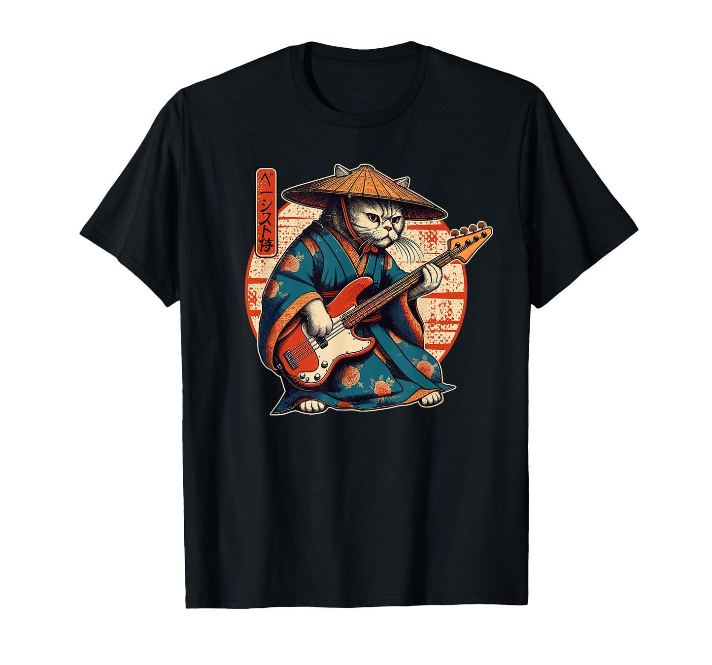 Japanese Samurai Cat Playing The Bass Men Women Girls Kids T-Shirt