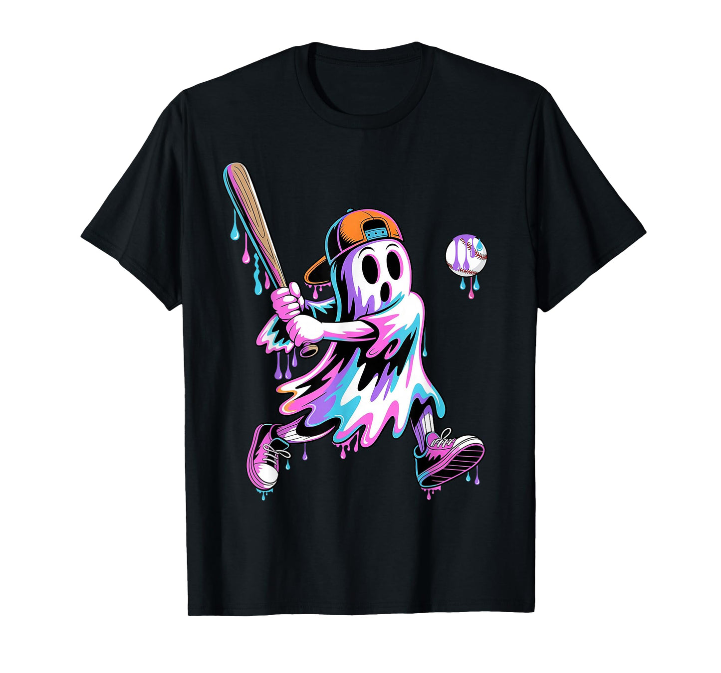 Halloween Ghost Baseball Drip Boys Kids Ice Cream Dripping T-Shirt