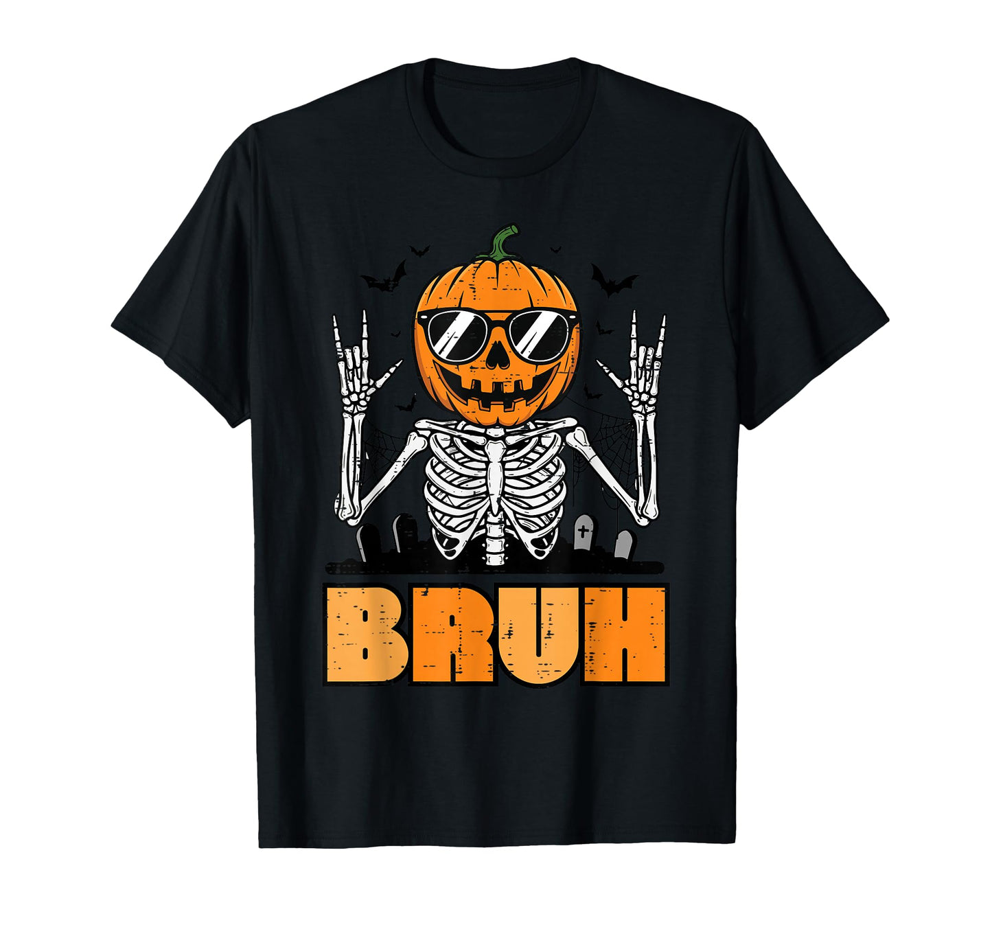 Halloween Skeleton Pumpkin Rock Bruh Costume Men Boys Kids T-Shirt