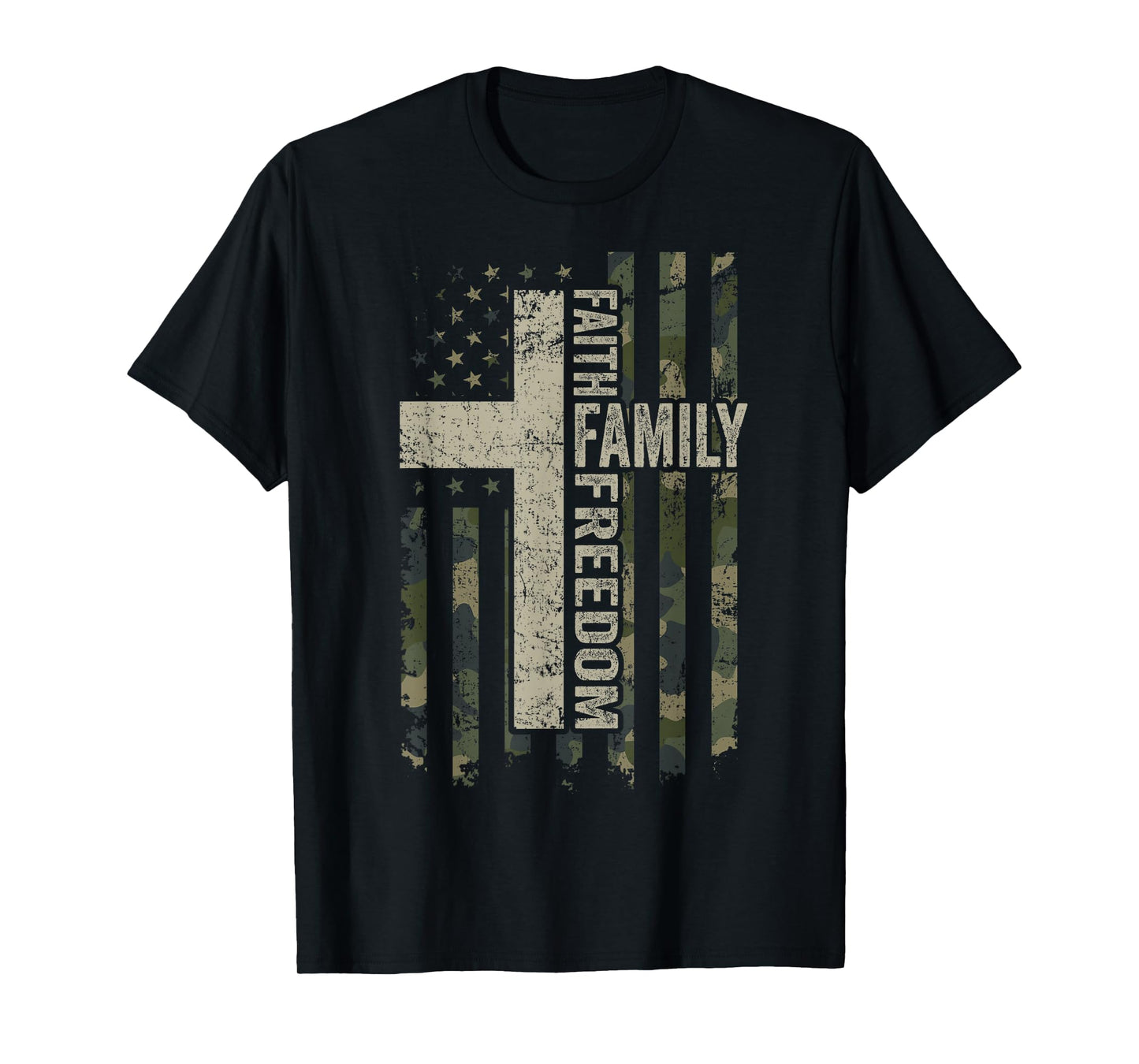 Faith Family & Freedom - Patriotic Christian Camo USA Flag T-Shirt