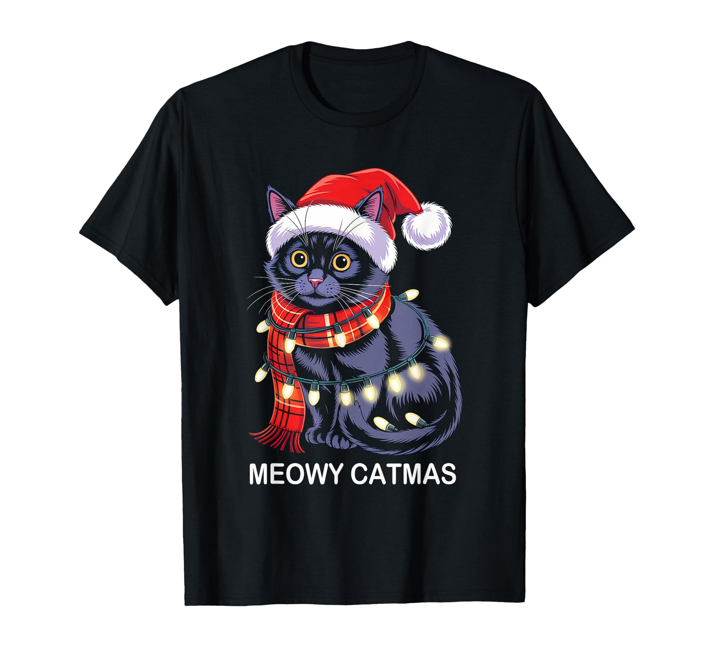 Meowy Catmas Christmas Lights Black Cat Santa Xmas Pajamas T-Shirt