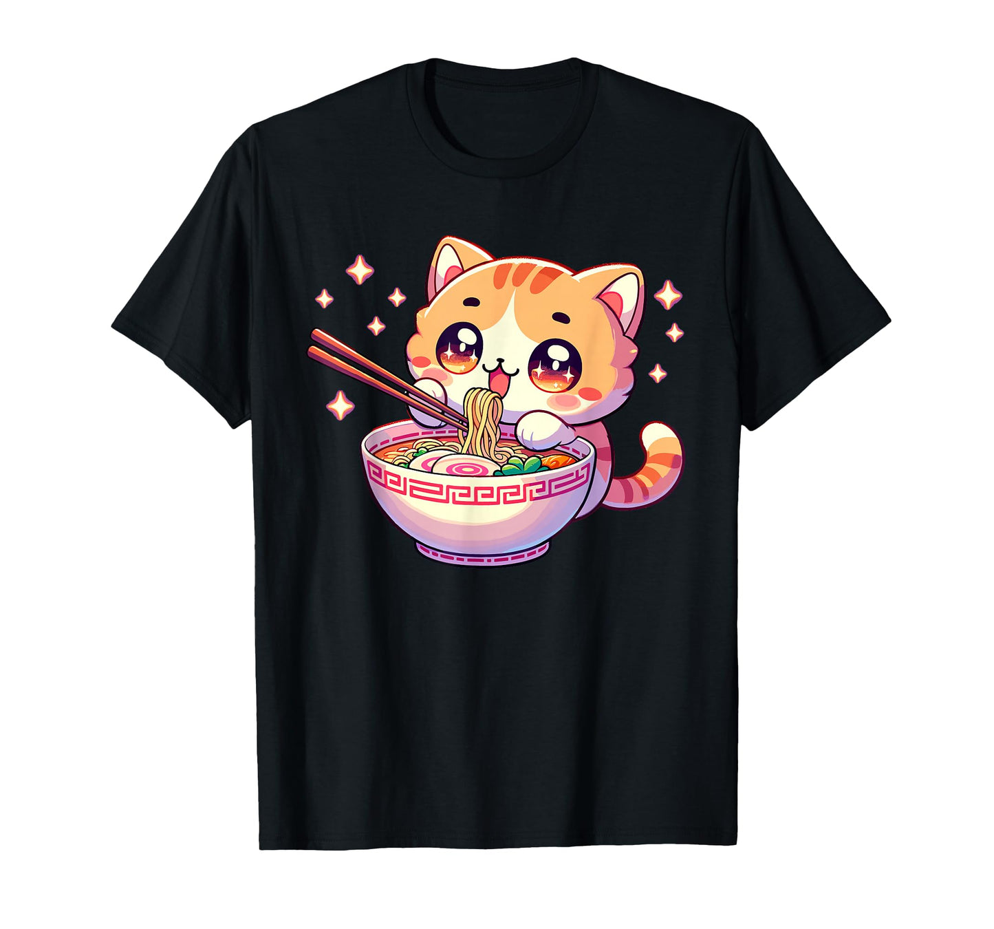 Japanese Kawaii Kitten Anime Cat Eating Ramen Women Girls Tees T-Shirt