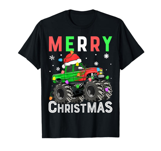 Boys Monster Truck Merry Christmas Santa Hat Kids Toddler T-Shirt