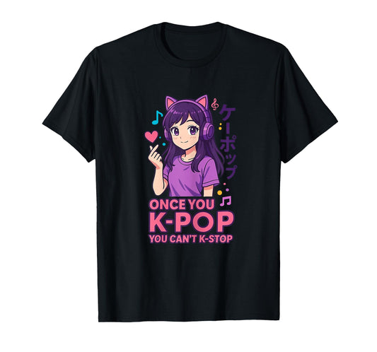 Cute Kawaii Girl with Cat Headphones Kpop Music Fans T-Shirt