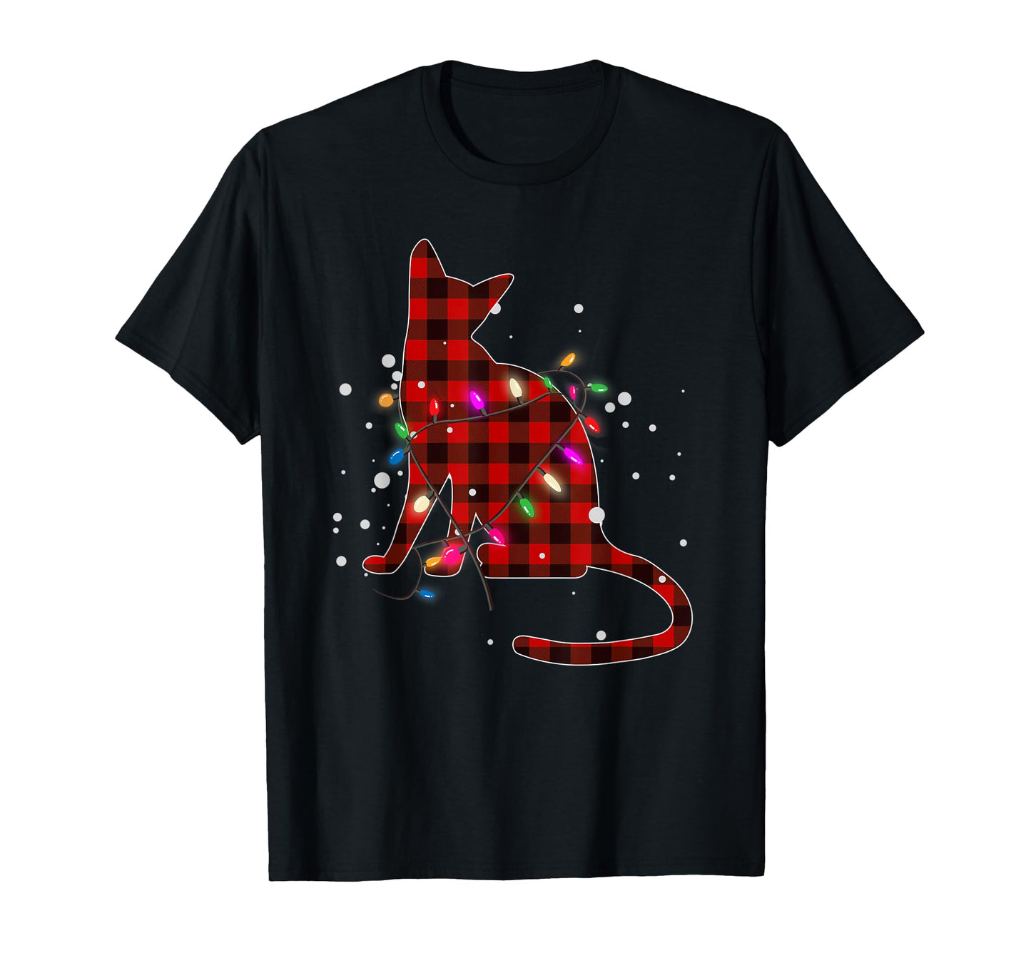 Red Buffalo Plaid Cat Christmas Pajamas Xmas Tree Lights T-Shirt for Men Women Kids