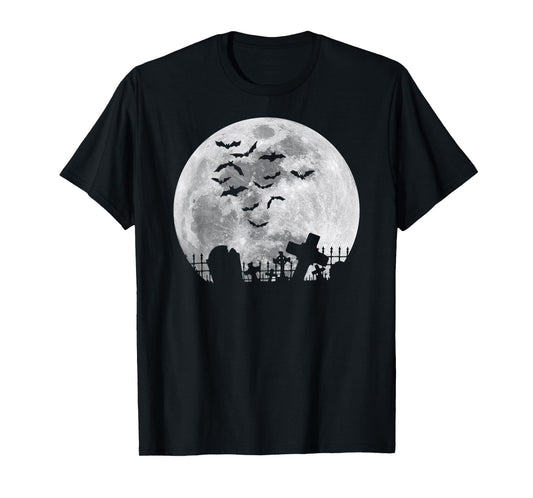 Halloween Full Moon Cemetery Graveyard Spooky Bats Night T-Shirt