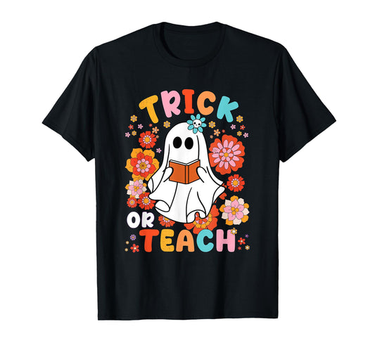 Groovy Halloween Trick or Teach Retro Floral Ghost Teacher T-Shirt for Men Women Kids