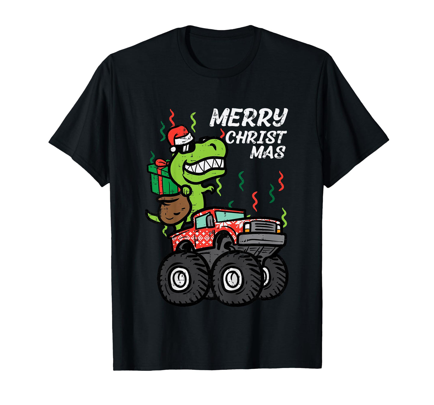 Kids Merry Christmas Dino Monster Truck Xmas Trex Toddler Boys T-Shirt