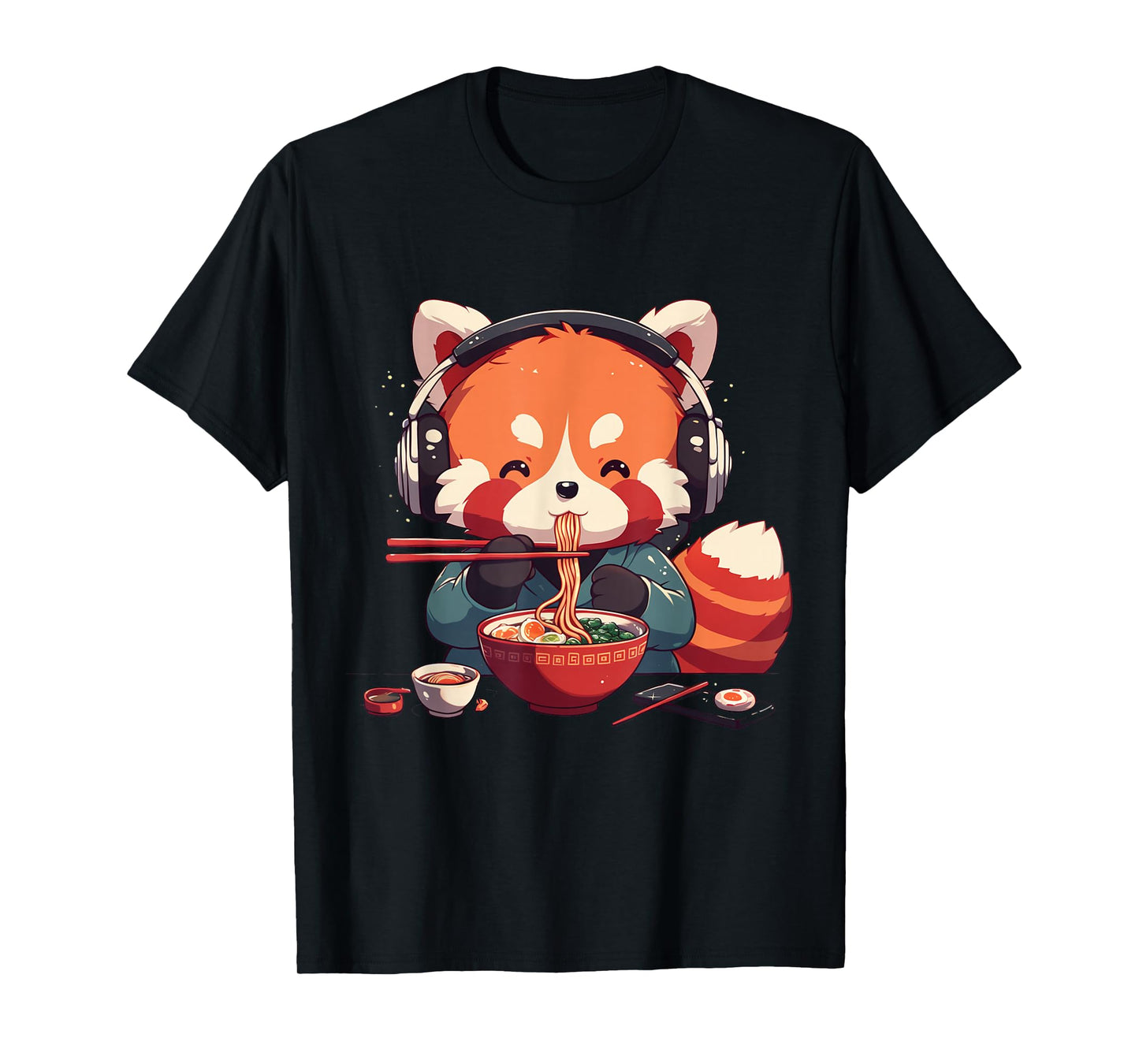 Kawaii Anime Red Panda Eating Ramen Noodles T-Shirt