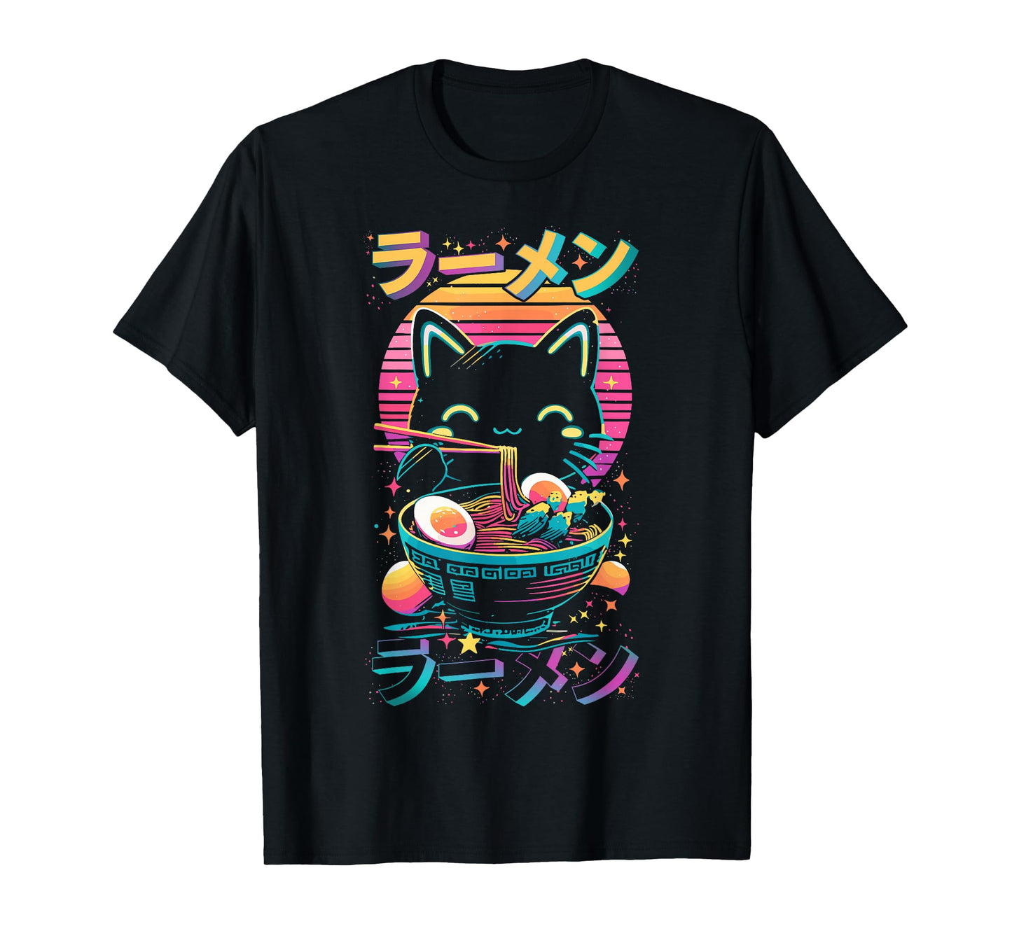 Anime Cat Eats Ramen Retro Kawaii Ramen Cat T-Shirt