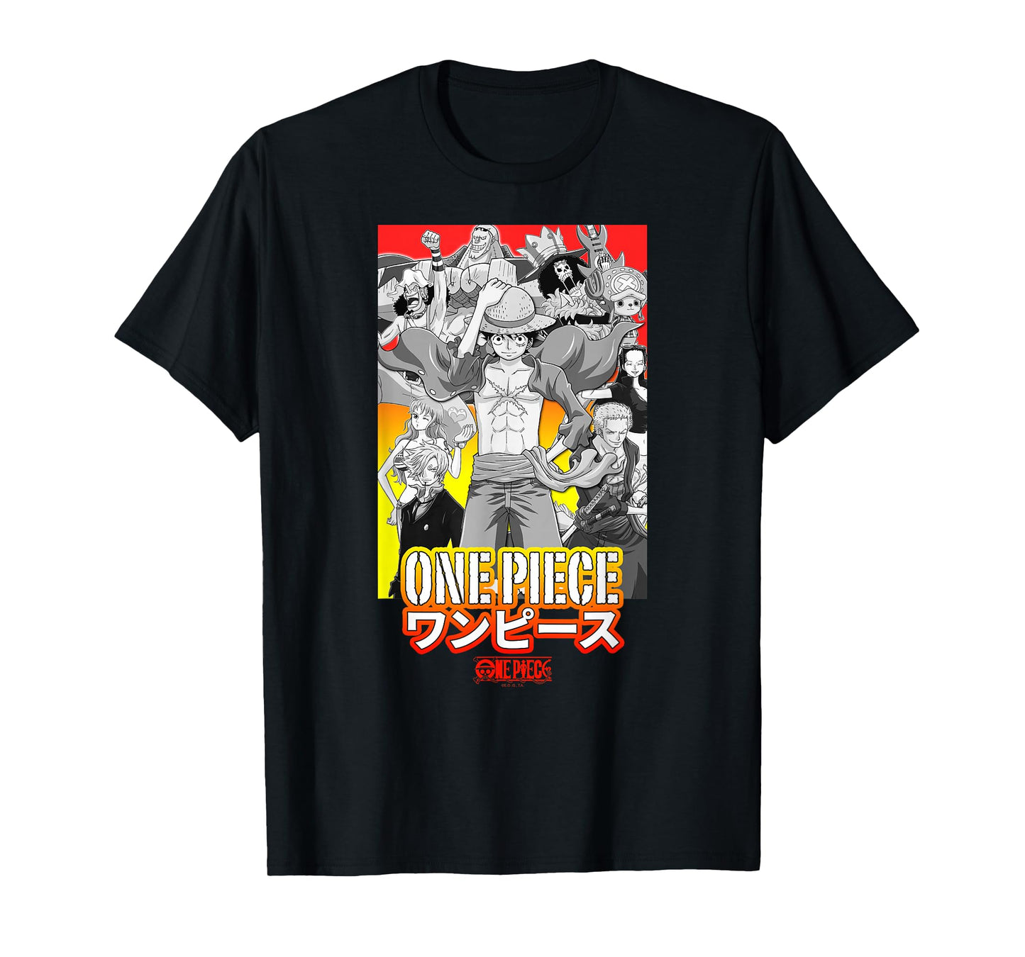One Piece Anime Character Collage with Stencil Logo T-Shirt