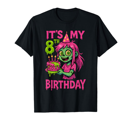It's My 8th Birthday Zombie Girl Pink Zombie 8 Year Old Kids T-Shirt