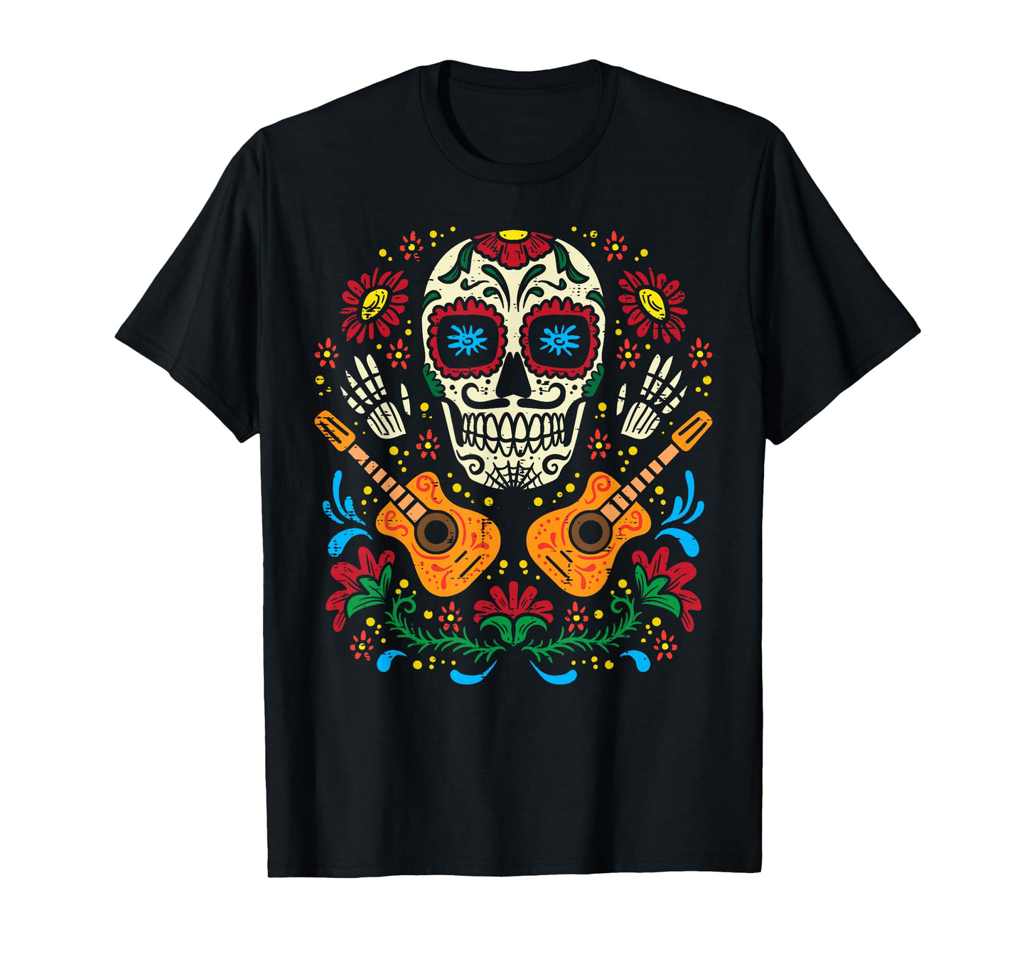 Sugar Skull Flowers Guitar Dia De Muertos Mexican Halloween T-Shirt