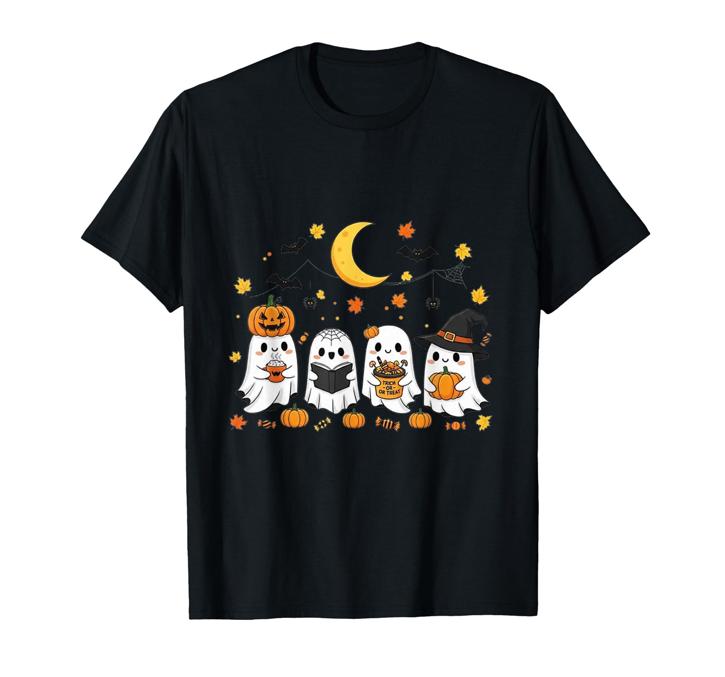 Cute Ghost Drinking Coffee Halloween Fall Ghost Book Reading T-Shirt