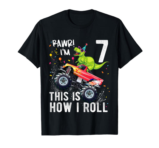 T Rex Dinosaur Monster Truck 7th Birthday Boys and Girls T-Shirt