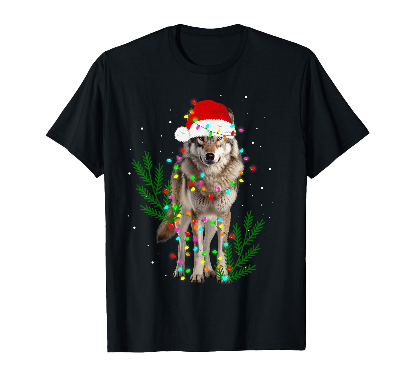 Wolf Santa Hat Christmas Lights Wolf Lover Animal Xmas T-Shirt