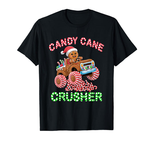 Kids Christmas Gingerbread Candy Cane Crusher Monster Truck T-Shirt
