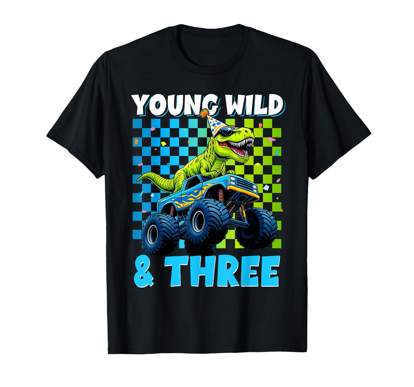 3rd Birthday Monster Truck Young Wild and Three Dinosaur T-Shirt