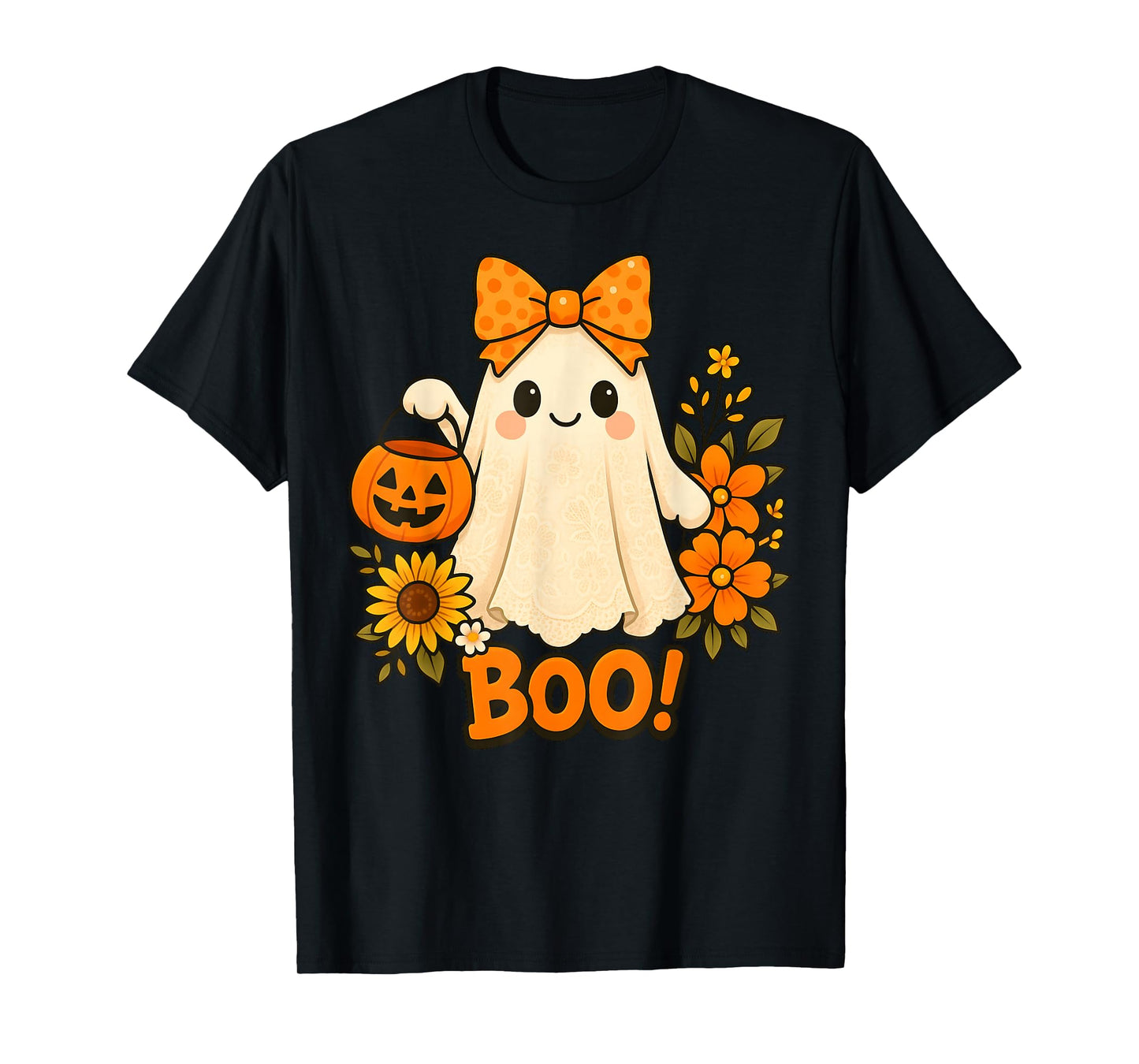 Retro Floral Boo Ghost Pumpkin Bow Halloween Women Kids T-Shirt