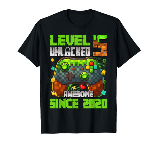 Level 5 Unlocked Awesome Since 2020 5th Birthday Game Pixel T-Shirt