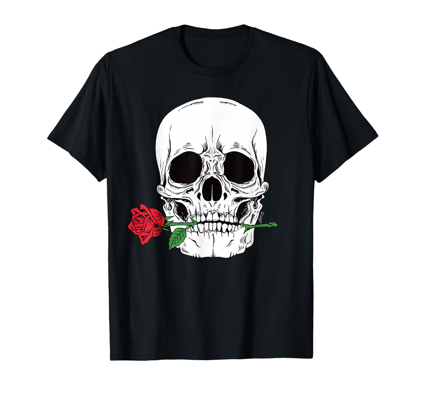 Skull Head Face Red Rose Rock n Roll Cool Skeleton T-Shirt