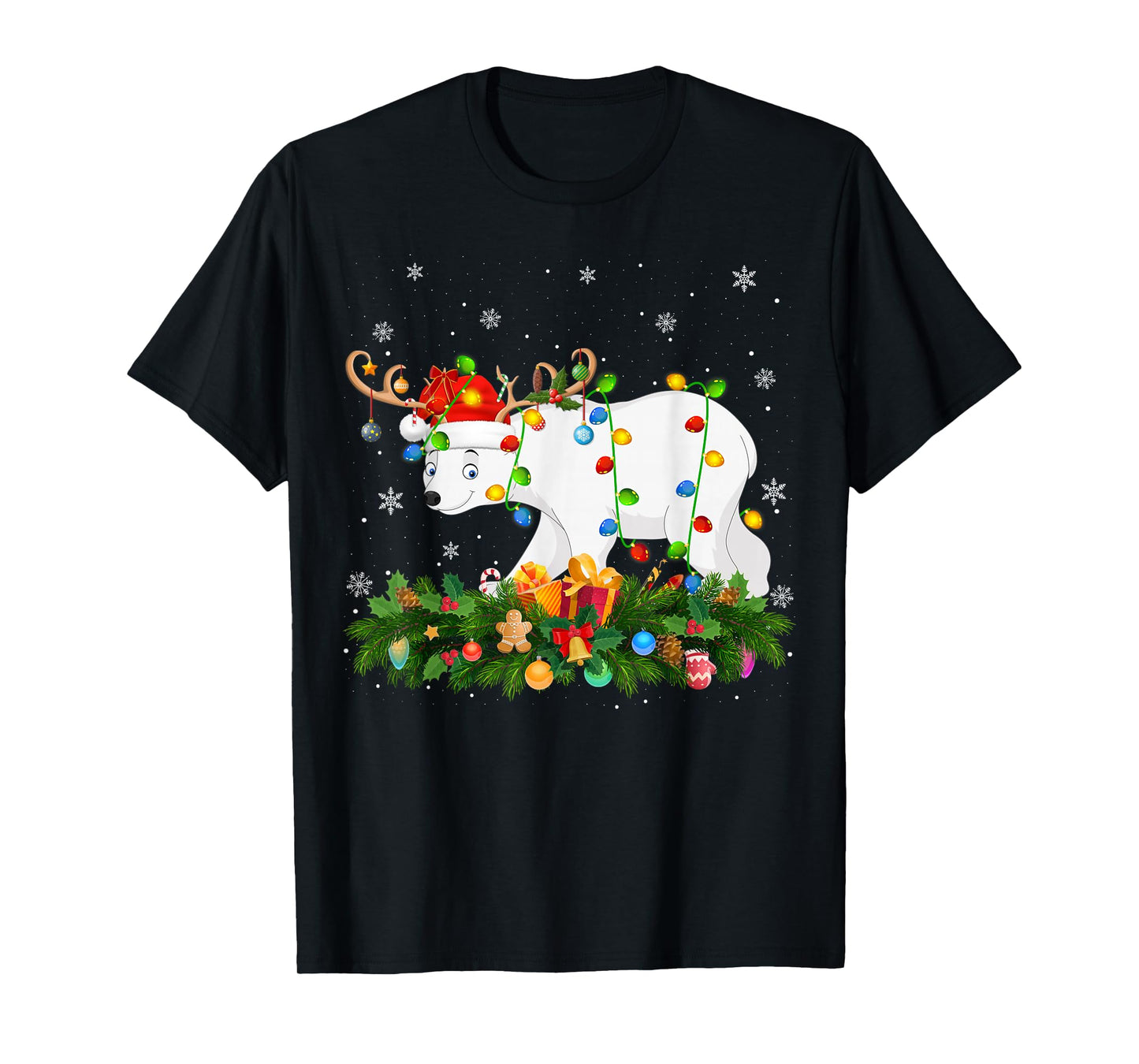 Polar Bear Christmas Lights Reindeer Santa Hat Adult & Kids T-Shirt